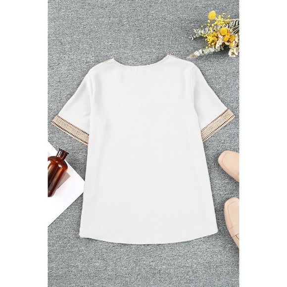 Azura Exchange  White Lace Trim V Neck Short Sleeve Blouse - Picture 8 of 15